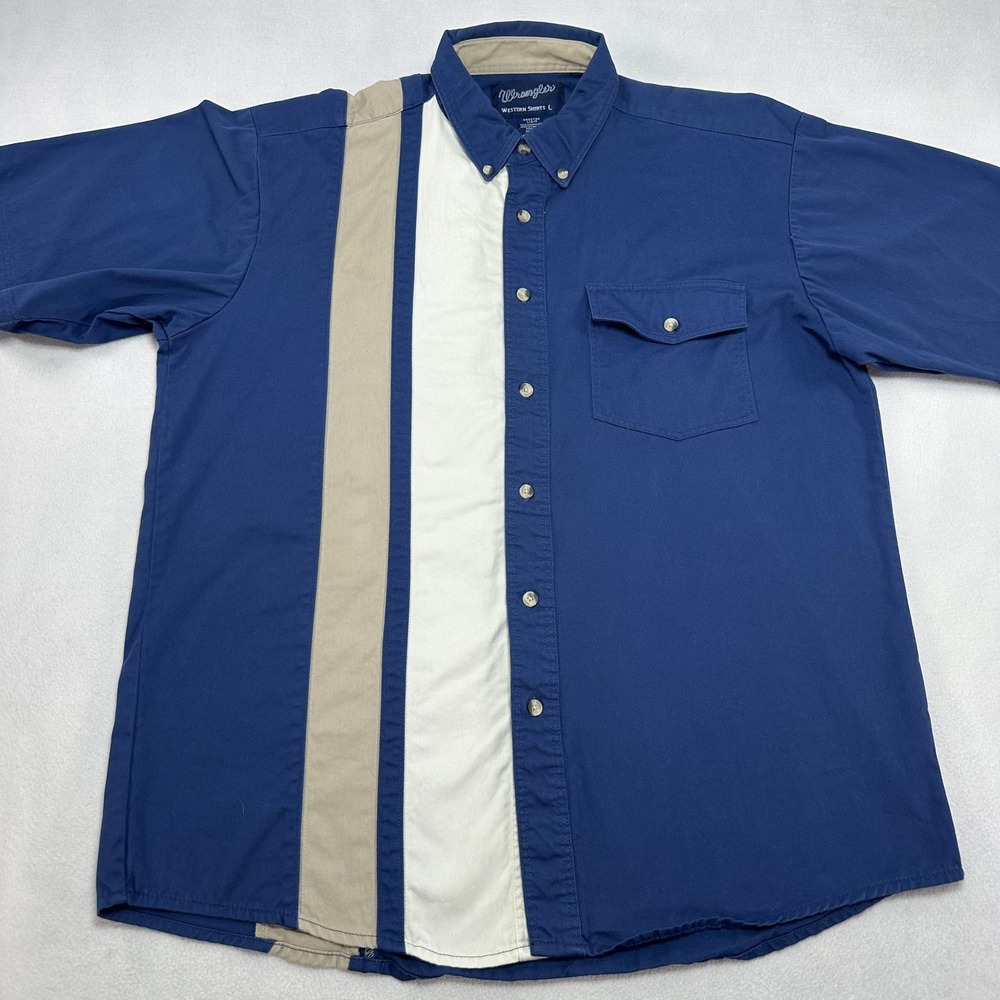 Wrangler Western Shirt Mens‎ Large Blue Colorblock Short Sleeve Button Up Twill